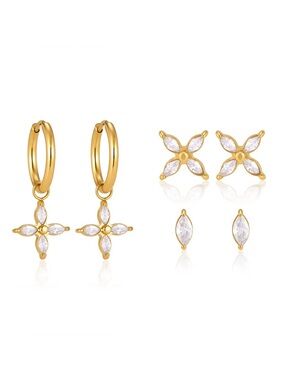 3 Pairs | 18K Gold Plated Flower Hoop and Stud Earring Set